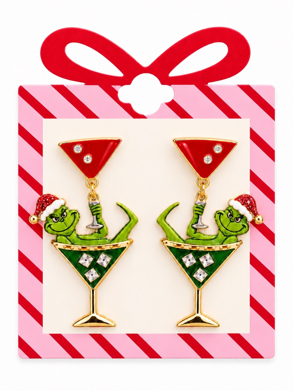 Grinch Who Stole Christmas Red Green Martini Glass Santa Hat Enamel 2" Earrings